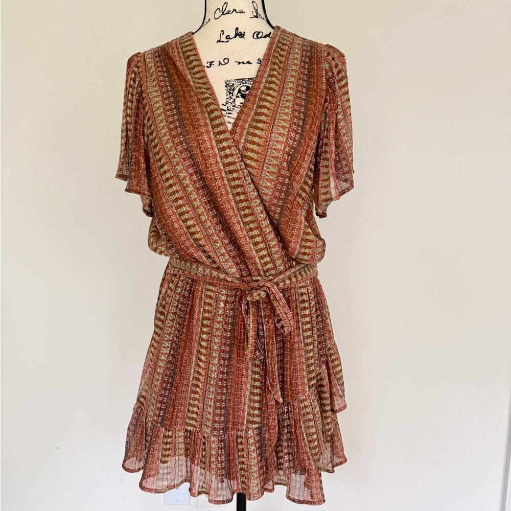 Ramy Brook Chelsea Mini Dress Belted Brown/Green Metallic Ruffle Hem Fairy Core - Picture 14 of 16